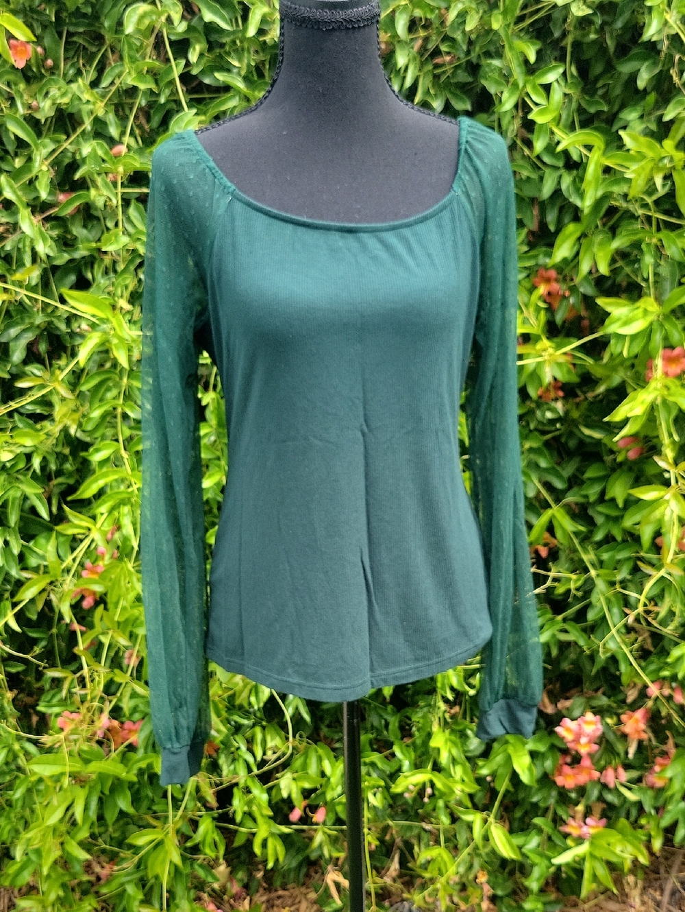 Forest Green Knit Top with Sheer Blousy Sleeves L